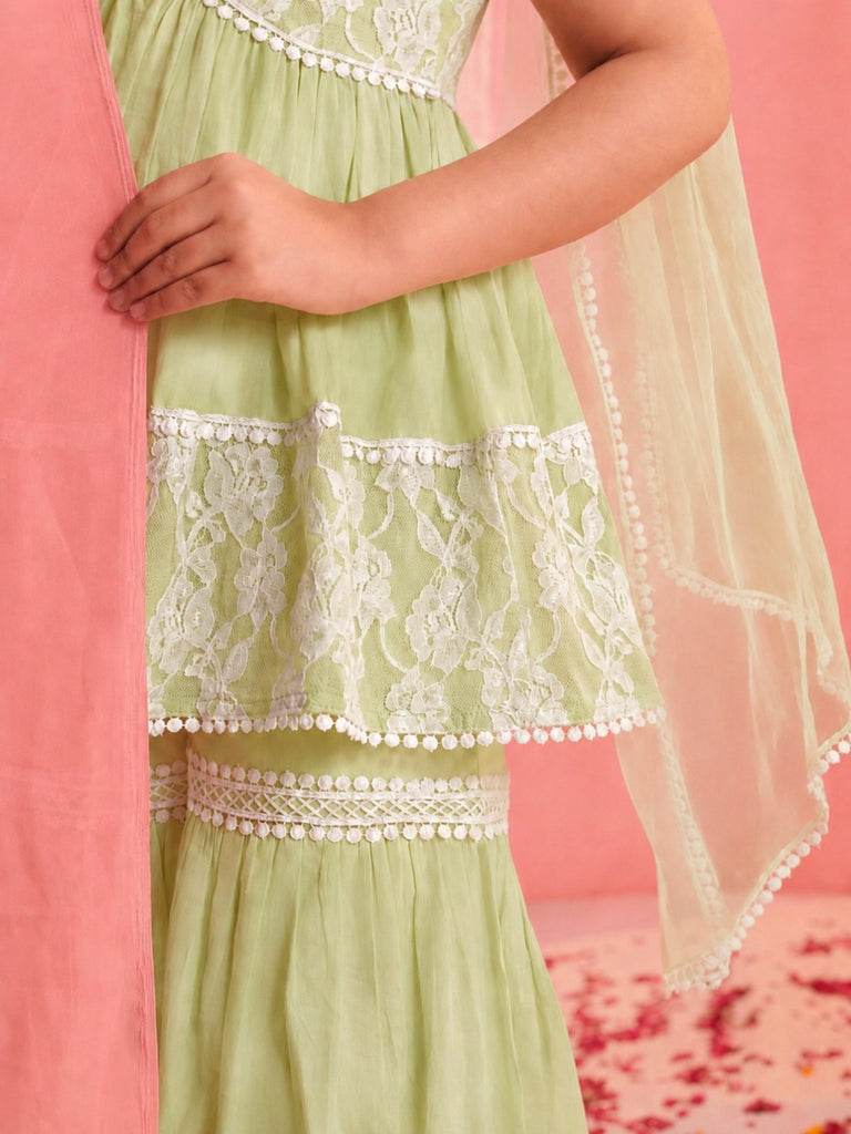 Pspeaches Girls Ethnic Lime Green Floral Printed Cotton A-Line Kurta Sharara Set With Dupatta (Sku-Sha-Limewtnet)