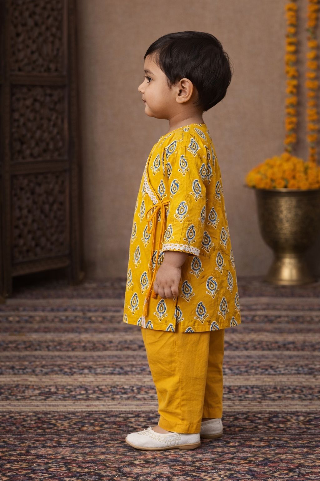 Pspeaches Baby Boys Mustard Ethnic Booti Print Cotton Angrakha Kurta With Pyjama Set ( Sku-Inb-Yellowbooti )