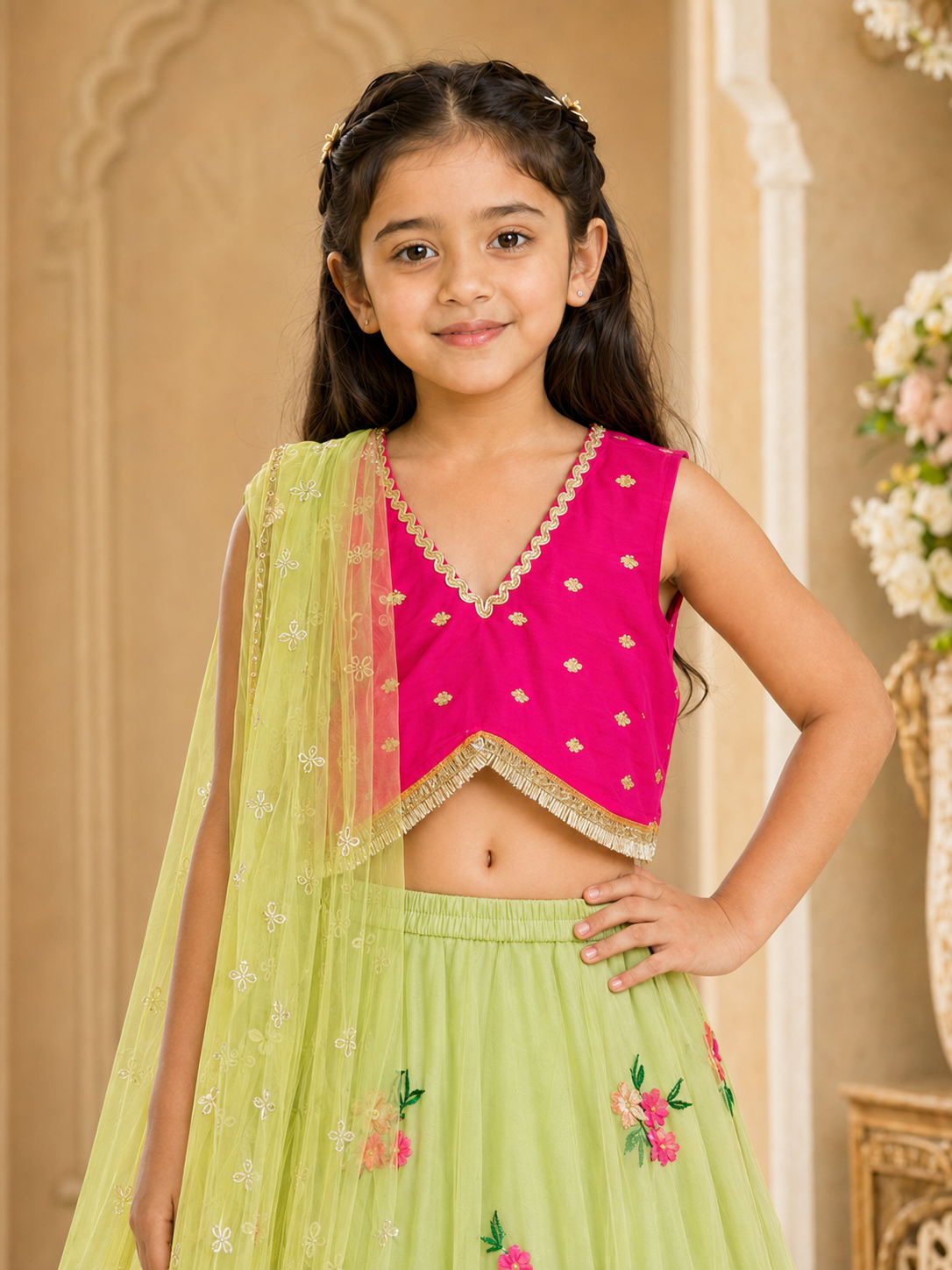 Girls Embroidered Fitted Lehenga Choli With Dupatta (L-GRNMGTAFFETA)