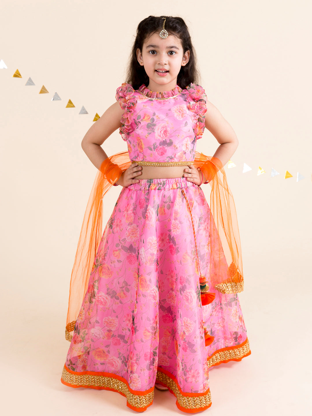 Girls Pink & Orange Printed Ready to Wear Lehenga & Blouse With Dupatta (L-pinkdigital)