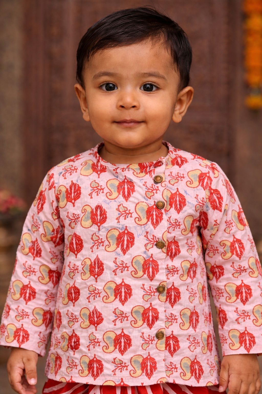 Pspeaches Baby Boys Pink & Orange Booti Print Cotton Straight Fit Kurta With Dhoti Pant ( Sku-Inb-Dhotired )