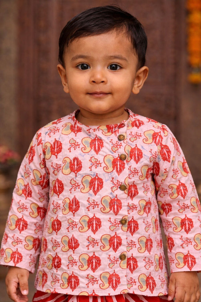 Pspeaches Baby Boys Pink & Orange Booti Print Cotton Straight Fit Kurta With Dhoti Pant ( Sku-Inb-Dhotired )