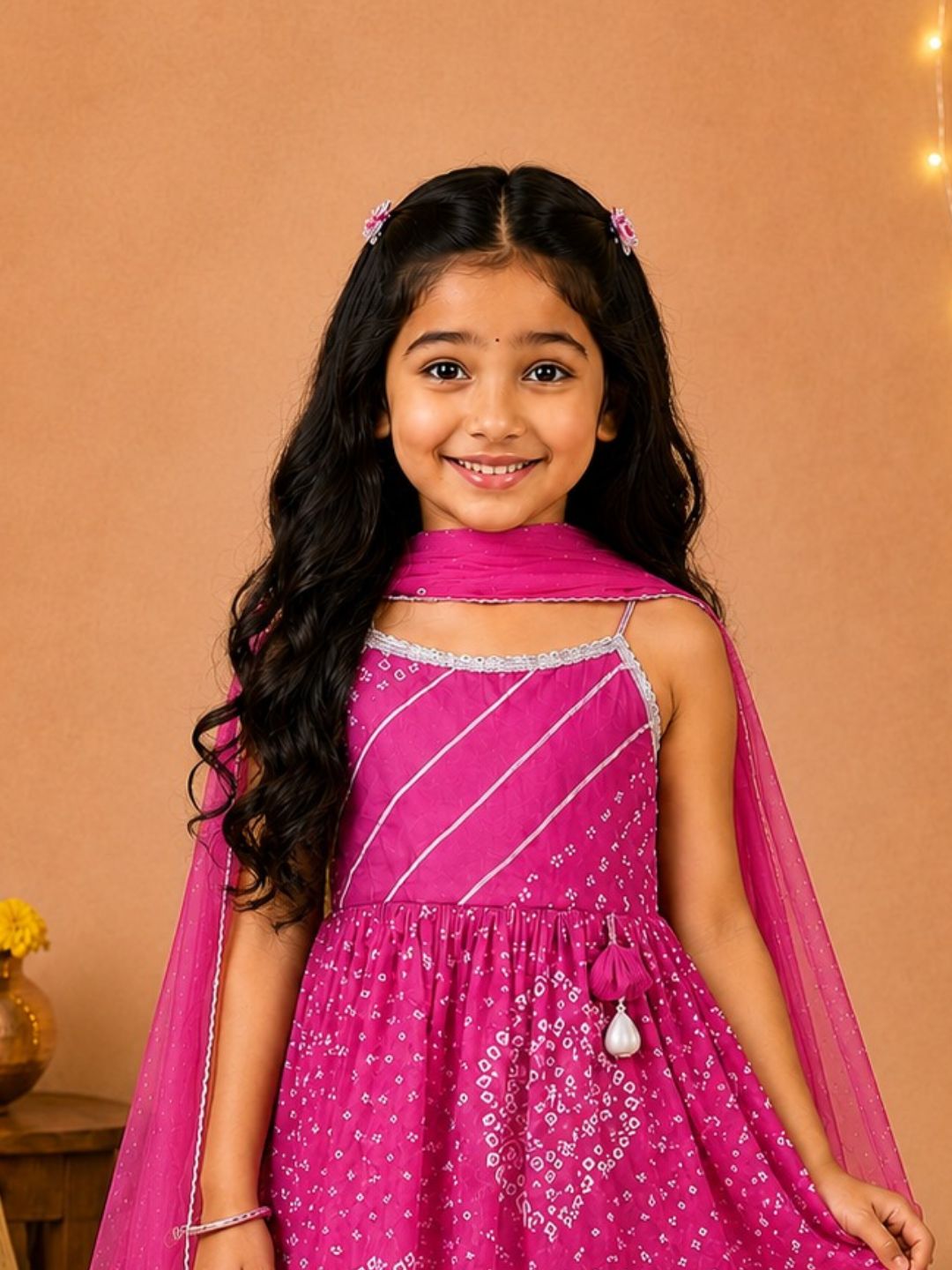 Pspeaches Girls Ethnic Magenta Bandhani Printed Cambric Asymmetric Kurta Sharara Set With Dupatta (Sku-Sha-Magentabandhni)