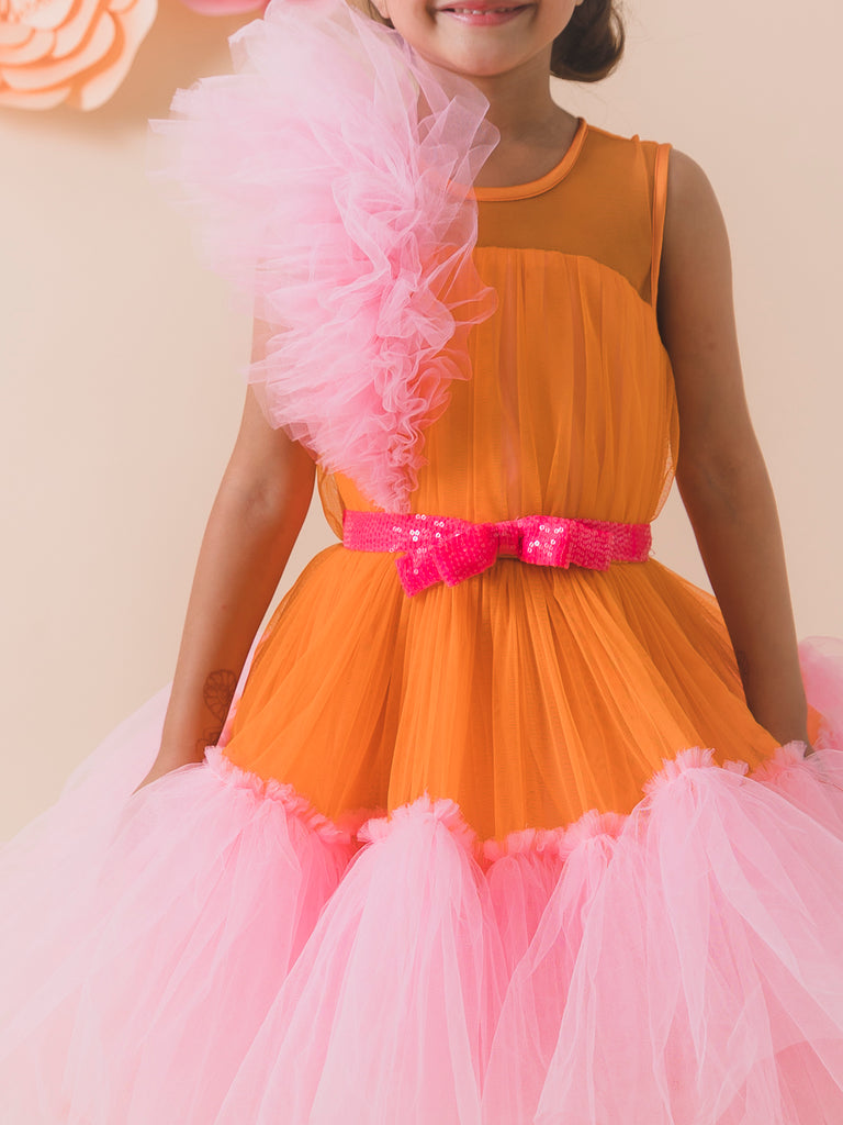 Orange & Pink Colourblocked Net Maxi Dress (D-ORANGEFUSH)