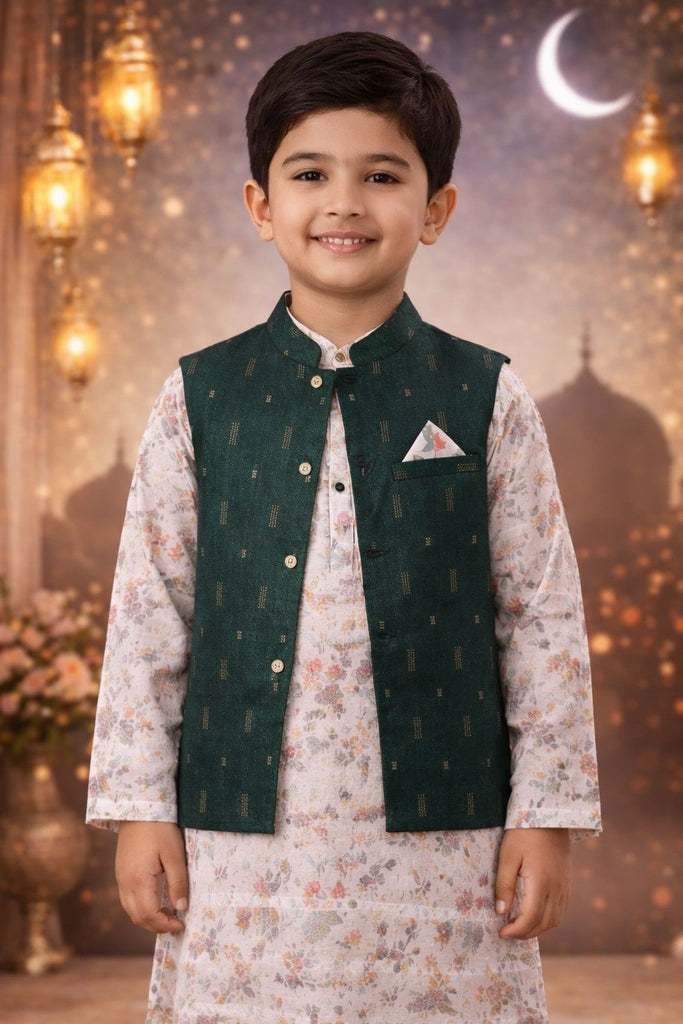 Pspeaches Boys Green & Beige Ethnic Printed Bamboo silk Straight Fit Kurta With Pyjama & Jacket ( Sku-Kp-Beigebamboo )