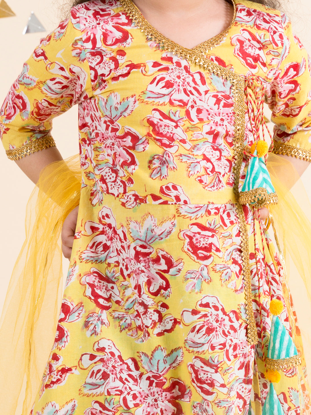 Pspeaches Girls Yellow Floral Printed Angrakha Pure Cotton Kurta with Trousers & With Dupatta (KS-yellowjaal)