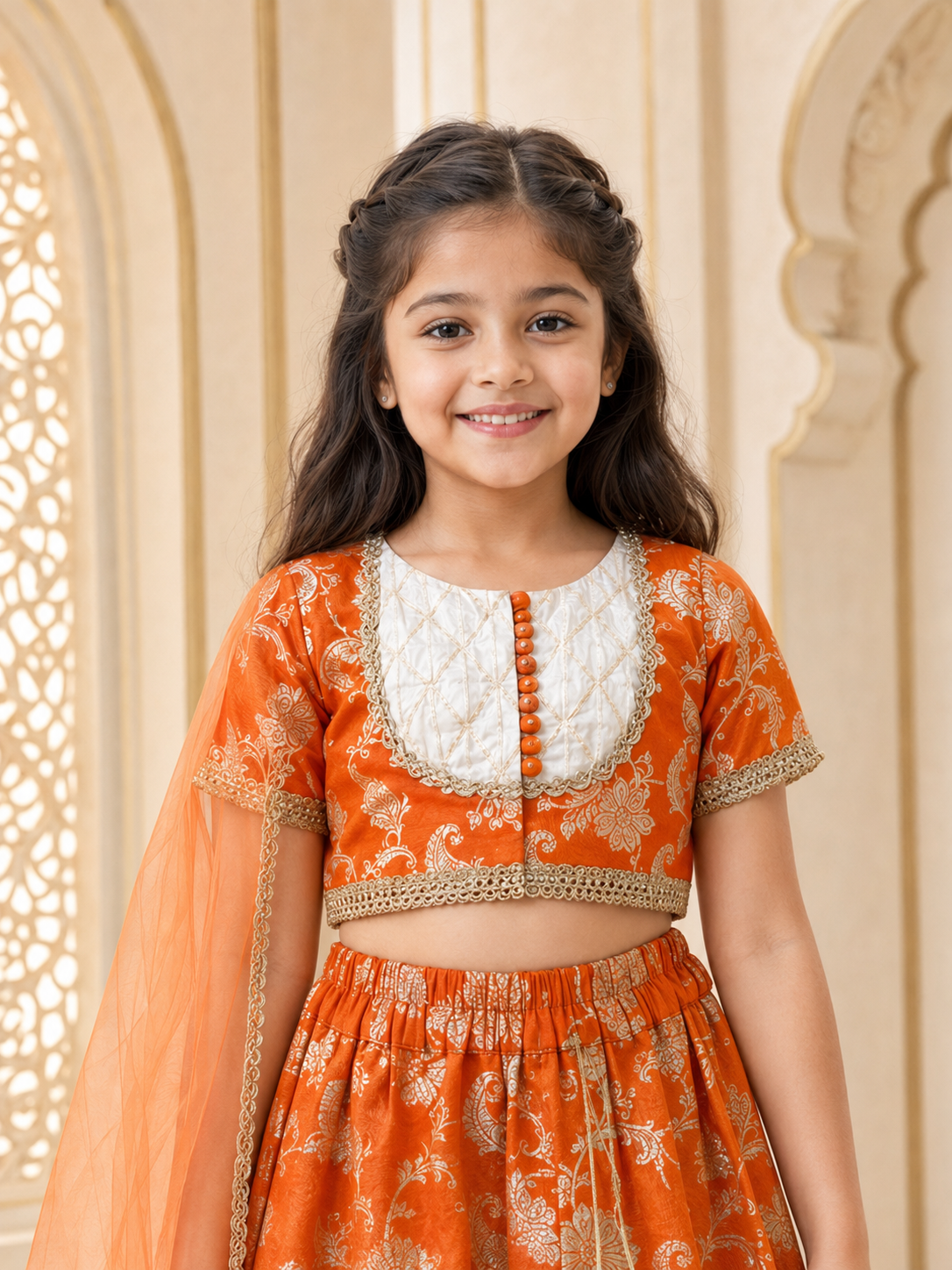 Girls Brocade Printed Fitted Lehenga Choli With Dupatta (L-FLORALORANGEBROCADE)