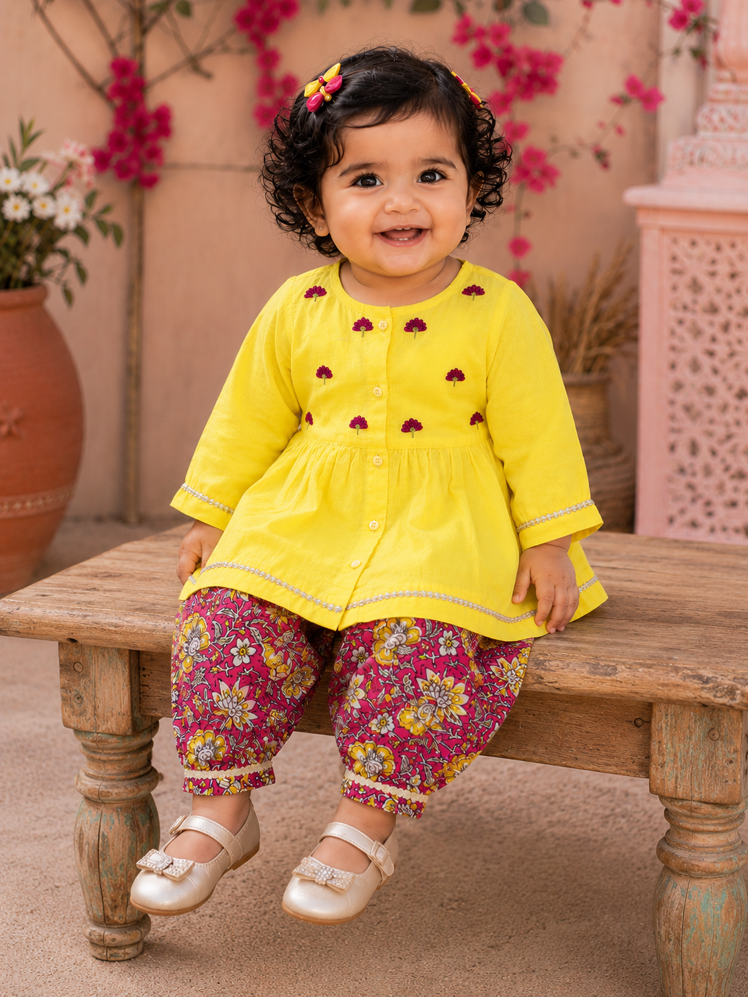 Pspeaches Baby Girl Yellow Ethnic Floral Print Cotton Peplum Set Kurta With Pant ( Sku-Ing-Ks-Yellowpeplum )