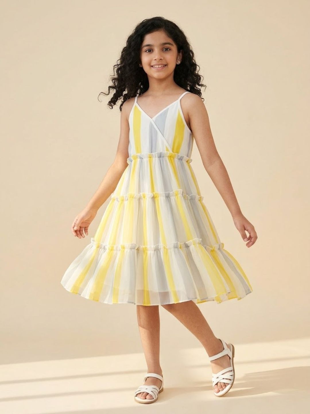 Girls Multicolor Striped Sleeveless Asymmetric Dress (D-GREYYELLOWSTRIPE)
