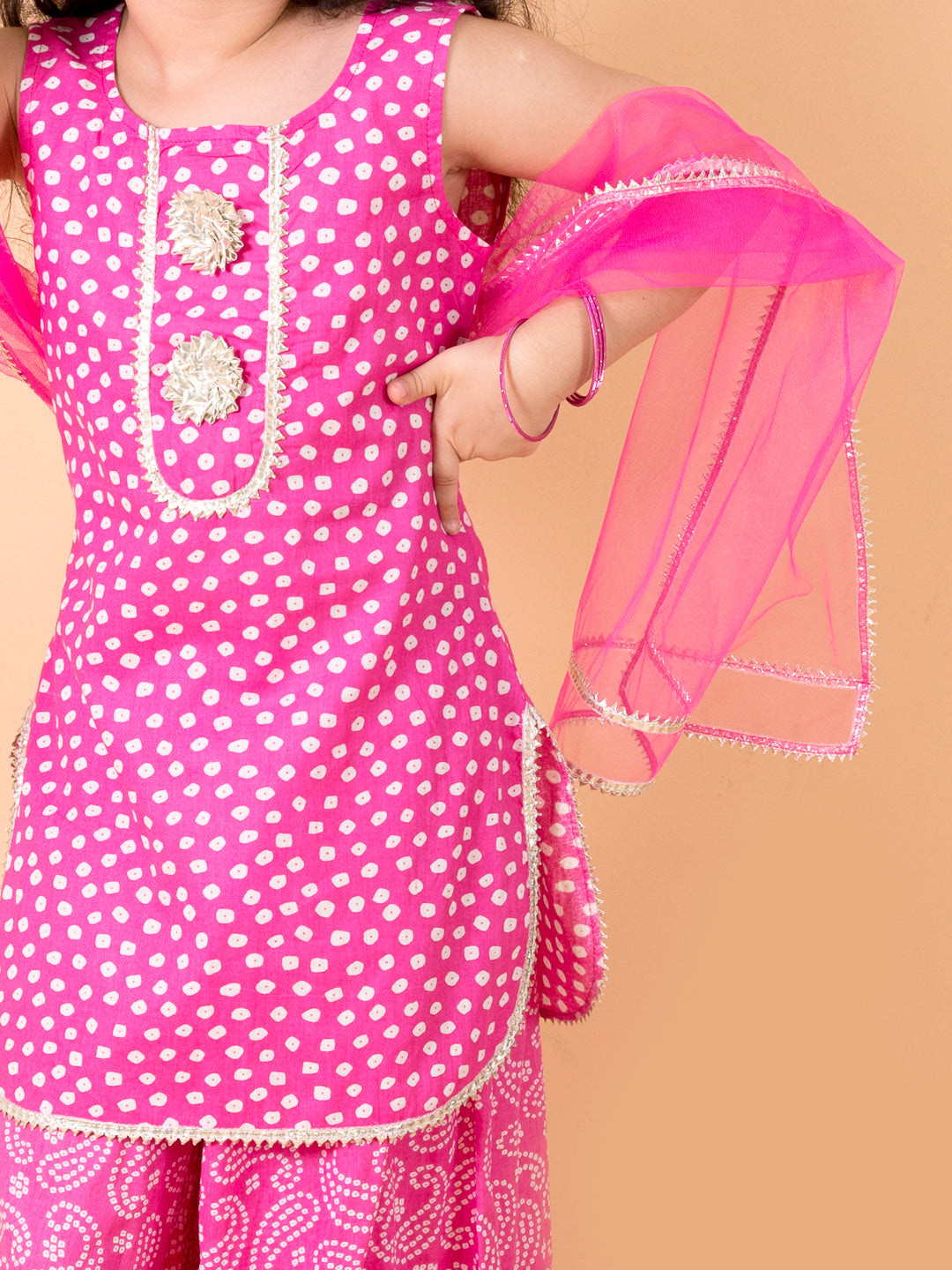 Pspeaches Girls Purple Polka Dot print A-Line Pure Cotton Kurta with Sharara & Dupatta (SKU-Sha-Purplebandhej)
