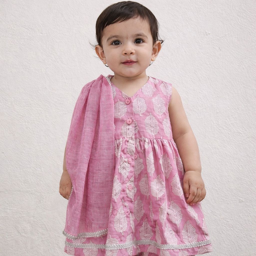 Pspeaches Baby Girls Pink Ethnic Leaf Print Cotton A-Line Kurta & Pant With Dupatta ( Sku-Ing-Pinkpaan )