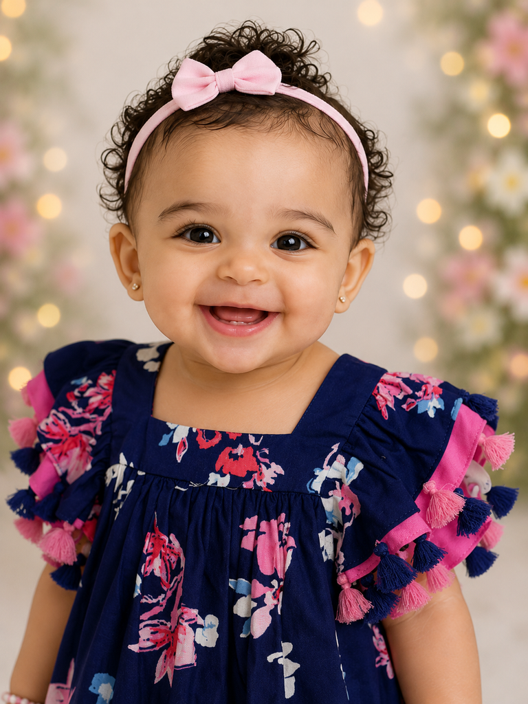 Pspeaches Baby Girl Navy Ethnic Floral Print Rayon A-Line Dress ( Sku-Ing-D-Navyfloraldress )