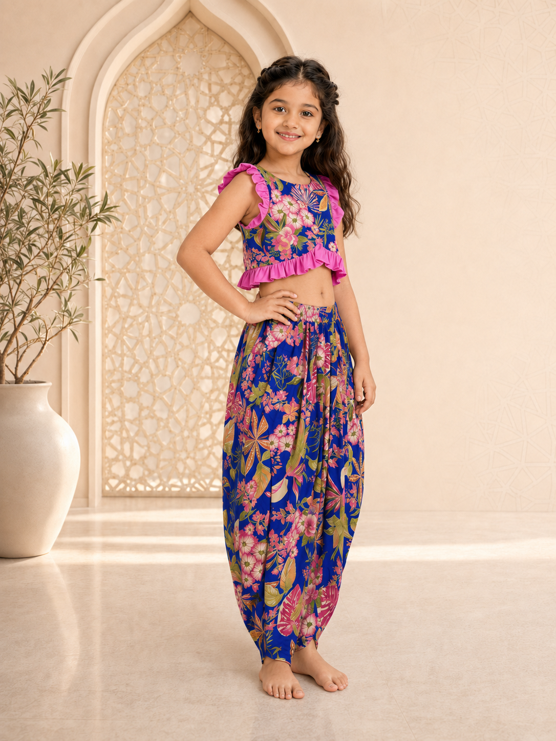 Girls Floral Printed Fitted Crop Top With Dhoti Pants (DH-BLUEPINKFLOWER)