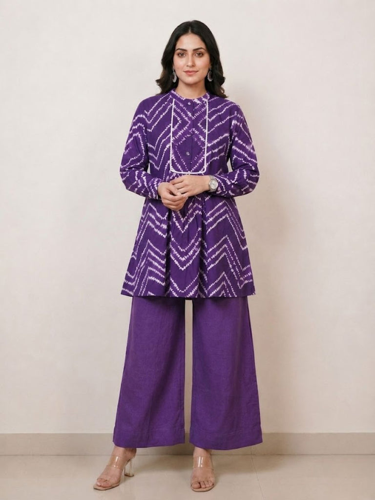 Pspeaches Women Cotton Full Sleeves Mandarin Collar Bandhani Print Kurta With Pant 2 Piece Set - Purple