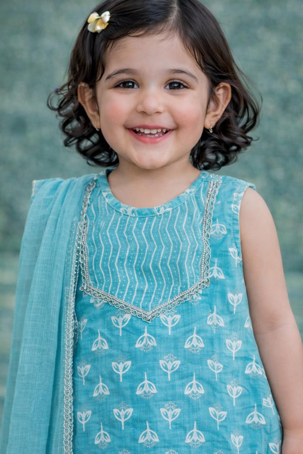 Pspeaches Baby Girls Sky-Blue Ethnic Khaddi Print Cotton A-Line Kurta & Pant With Dupatta ( Sku-Ing-Bluekhaddi )