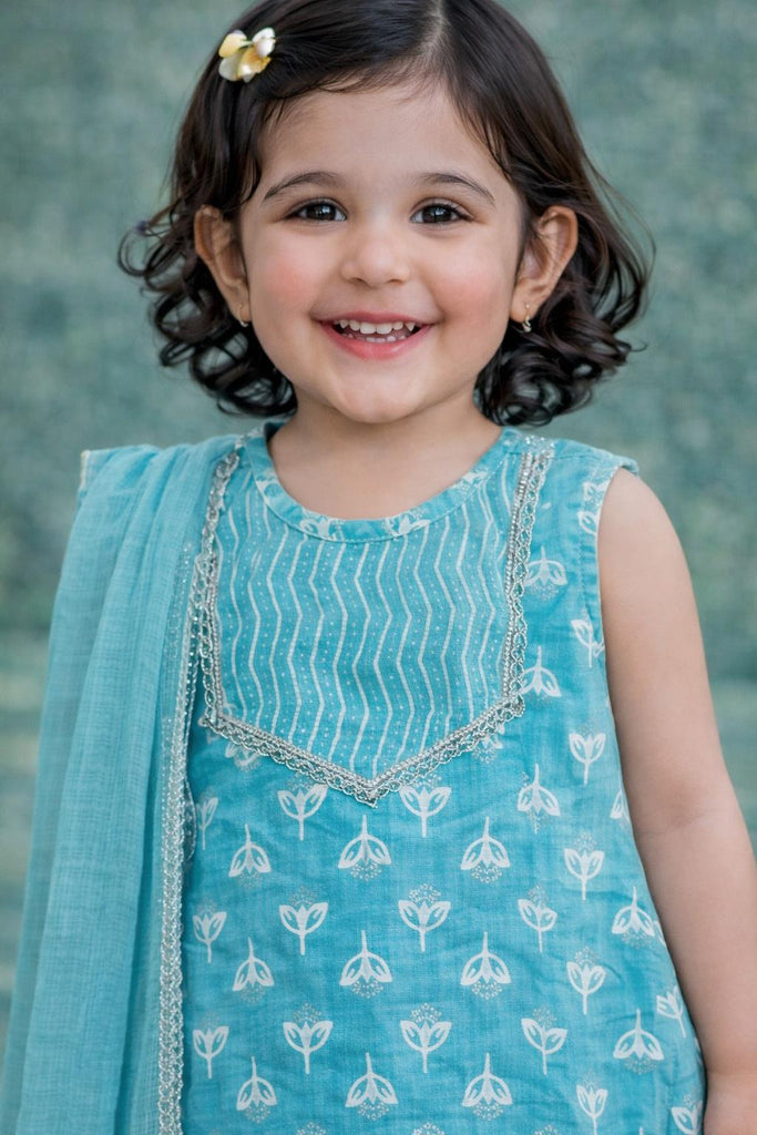 Pspeaches Baby Girls Sky-Blue Ethnic Khaddi Print Cotton A-Line Kurta & Pant With Dupatta ( Sku-Ing-Bluekhaddi )