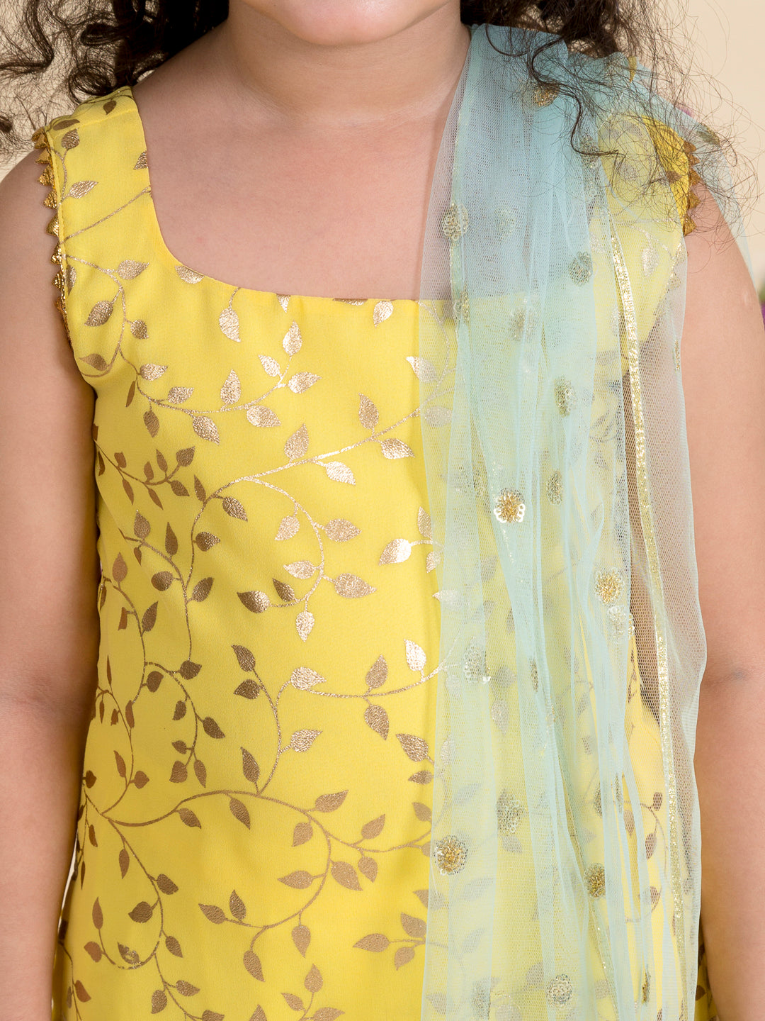 Pspeaches Girls Yellow Embroidered Kurti With Sharara With Dupatta (IW-YELLOW FOIL GGT)