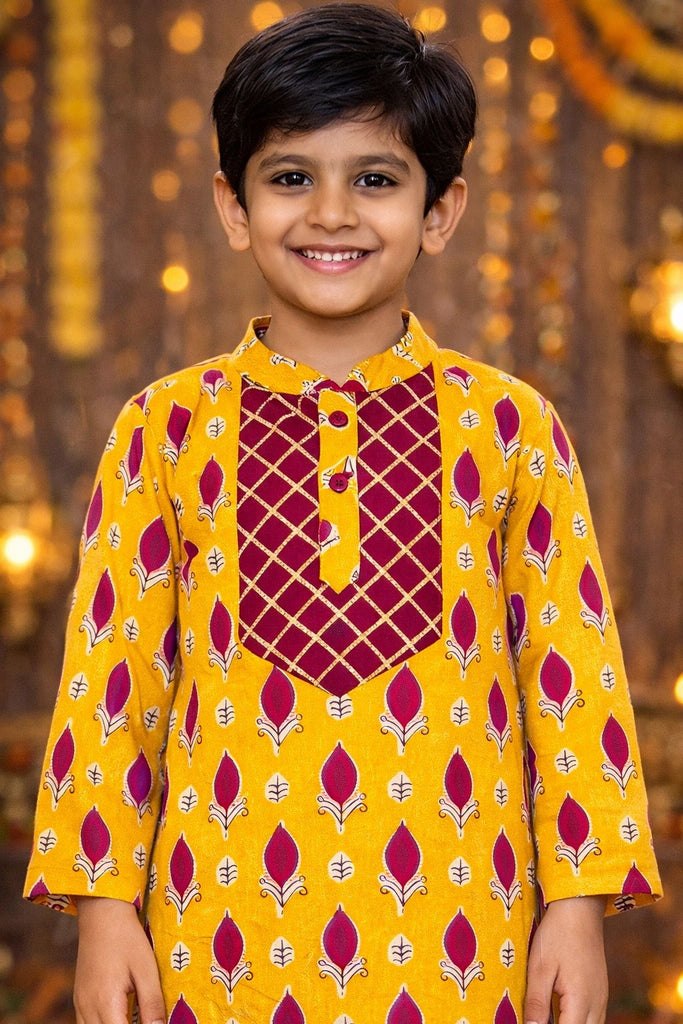 Pspeaches Boys Yellow Ethnic Gota Work Cotton A-Line Kurta With Pyjama Set ( Sku-Kp-Yellowbooti )