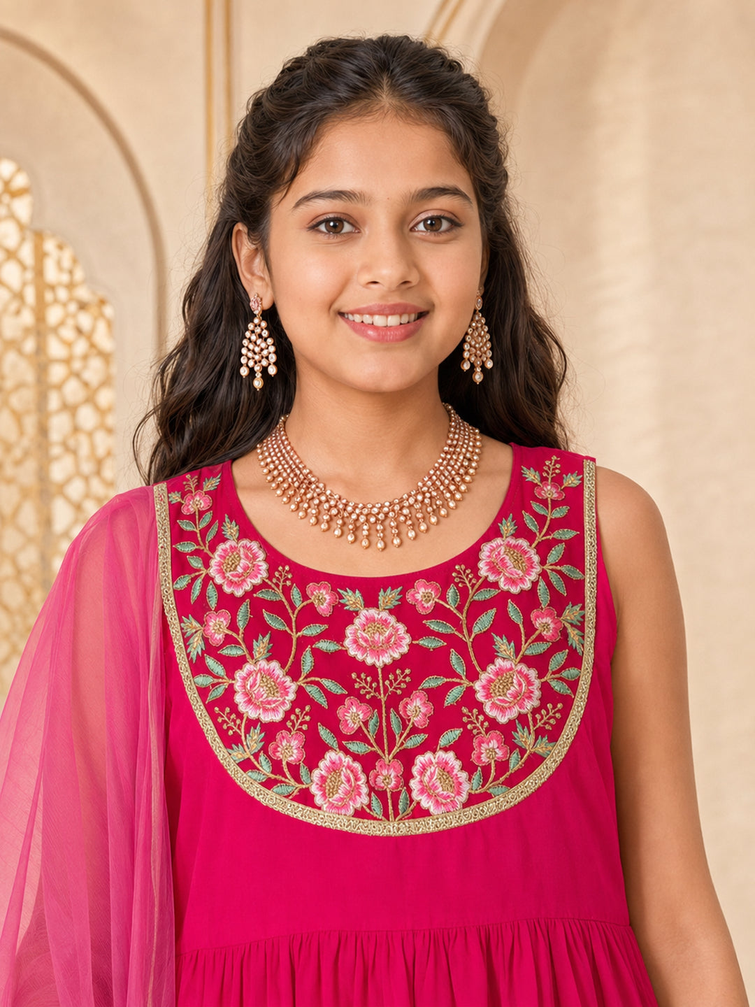 Pspeaches Girls Georgette Sleeveless Round Neck Embroidered Magenta Kurti & Sharara With Dupatta 3 Piece Set