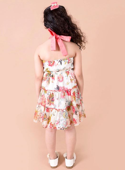 Off White & Red Floral Printed Chiffon Halter neck Sleeveless fit & flare Casual Wear Dress (d-floral offwhite)