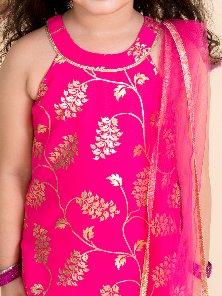 Pspeaches Girls Magenta Floral Printed Kurta With Sharara Dupatta (IW-MAGENTA FOIL)