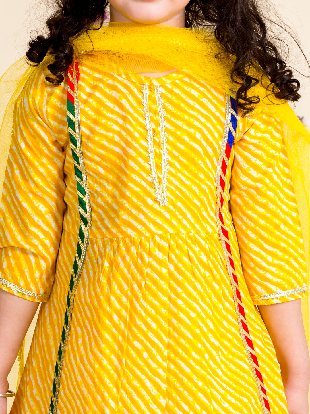 Pspeaches Girls Yellow Leheriya Pure Cotton Kurta With Palazzos With Dupatta (KS-YELLOW LEHERIYA)