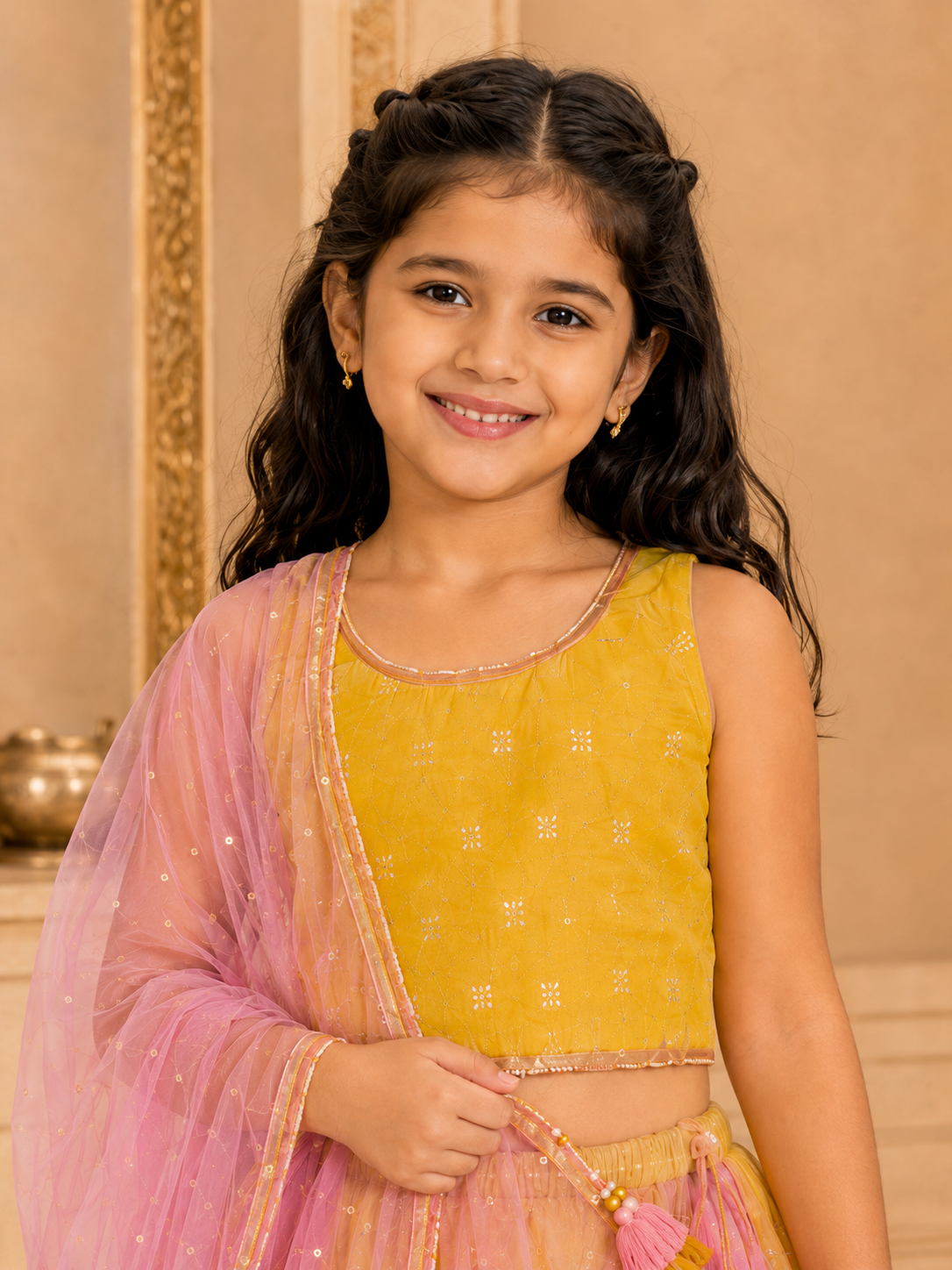 Girls Foil Net Fitted Lehenga Choli With Dupatta (L-YELLOWDUPION)
