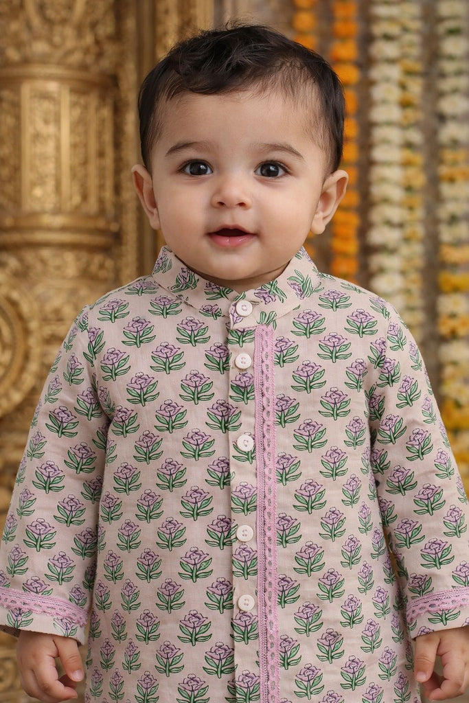 Pspeaches Baby Boys Beige Booti Print Cotton Straight Fit Kurta With Pyjama Set ( Sku-Inb-Pinkbooti )