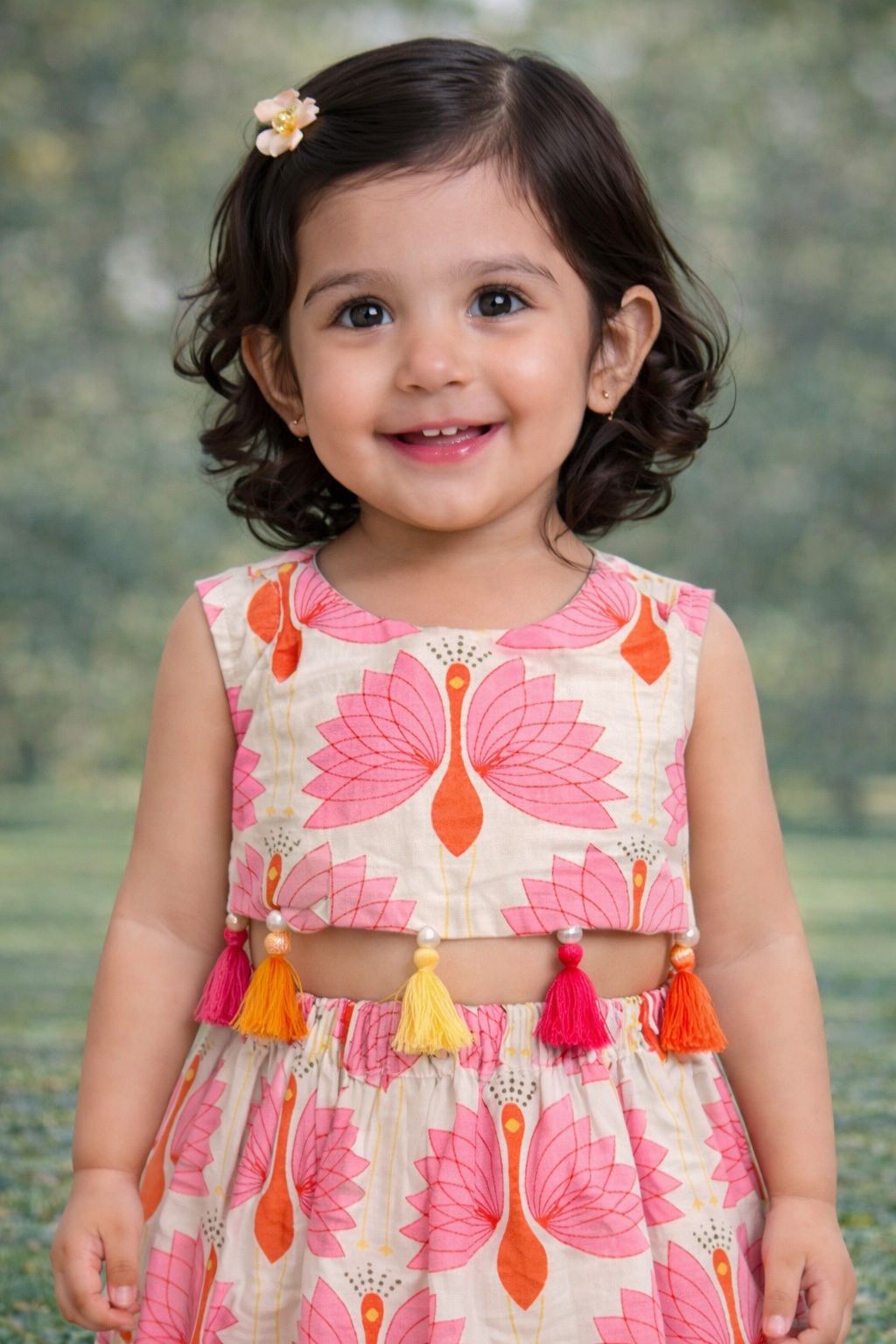 Pspeaches Baby Girls Off-White Ethnic Peacock Print Cotton Circular Lehenga With Choli Set ( Sku-Ing-Lpeacock )