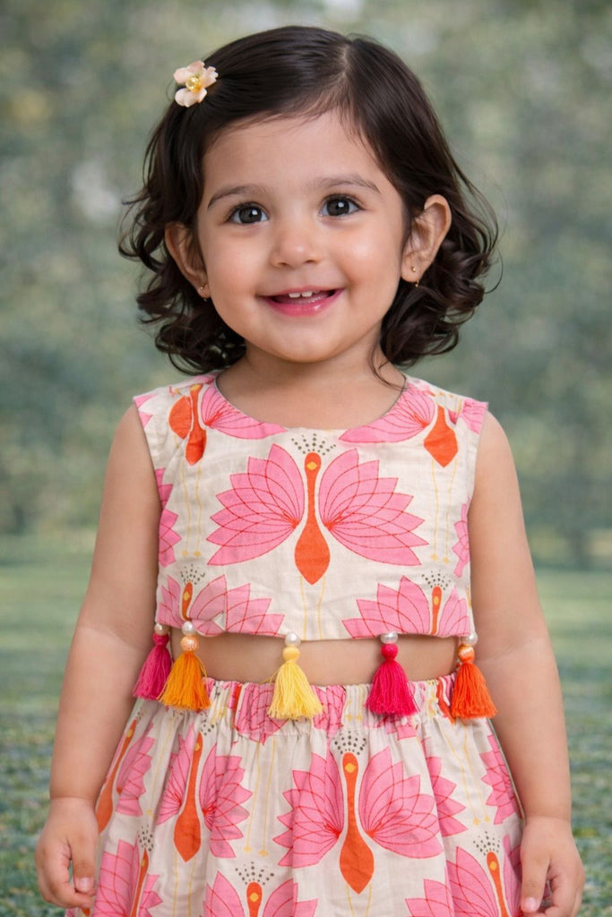 Pspeaches Baby Girls Off-White Ethnic Peacock Print Cotton Circular Lehenga With Choli Set ( Sku-Ing-Lpeacock )