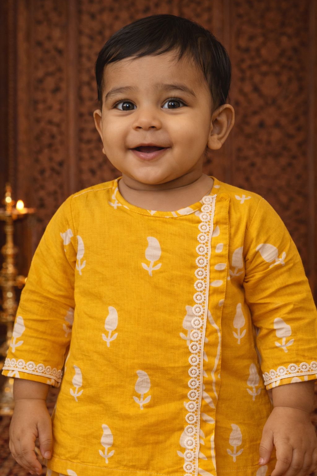 Pspeaches Baby Boys Mustard Booti Print Cotton Straight Fit Kurta With Dhoti Pant ( Sku-Inb-Dhotiyellow )