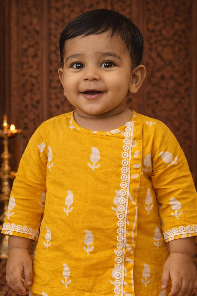 Pspeaches Baby Boys Mustard Booti Print Cotton Straight Fit Kurta With Dhoti Pant ( Sku-Inb-Dhotiyellow )