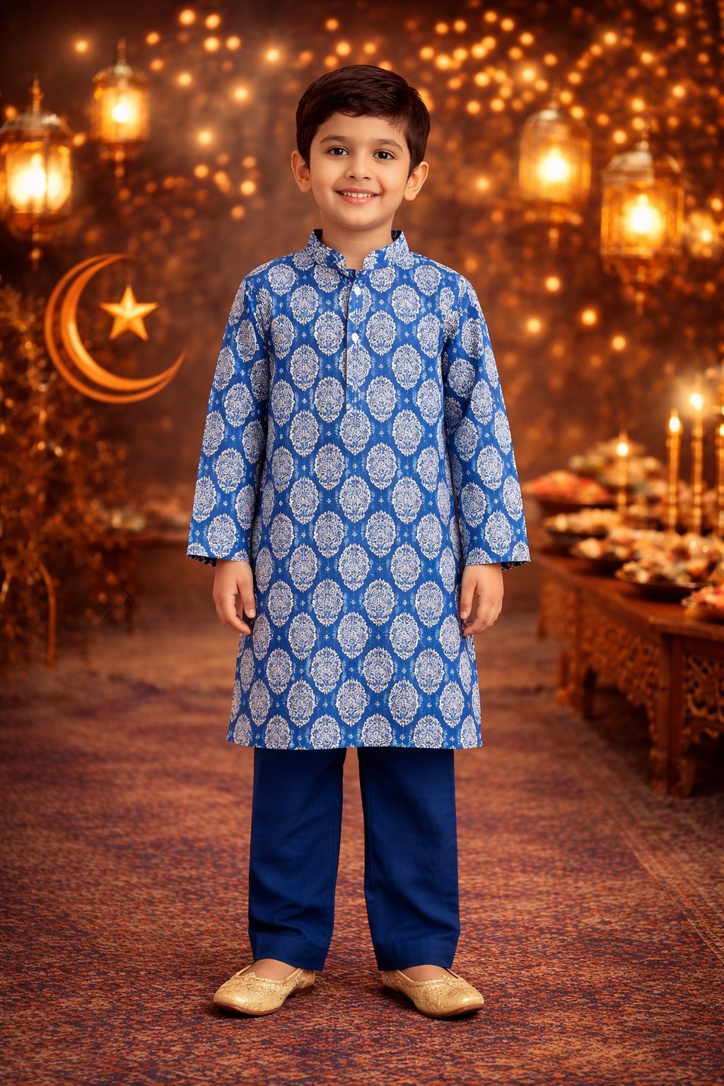 Pspeaches Boys Blue Ethnic Motif Cotton Straight Fit Kurta With Pyjama & Jacket ( Sku-Kp-Bluevich )