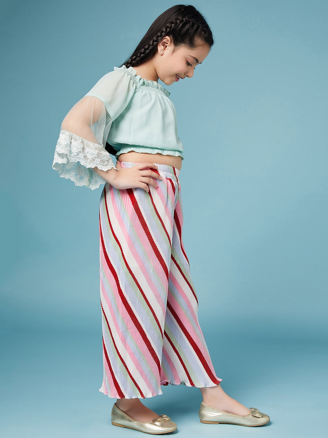 Girls Square Neck Top With Striped Palazzos (s-pleastripe)