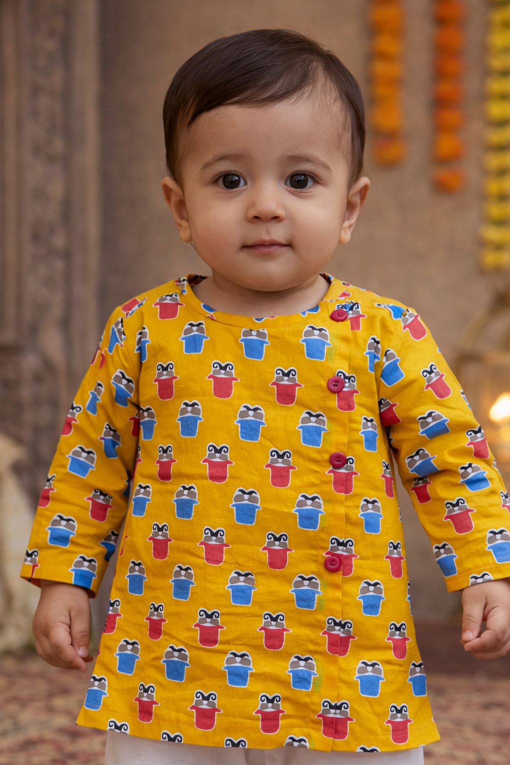 Pspeaches Baby Boys Yellow & White Ethnic Printed Cotton Straight Fit Kurta With Pyjama Set ( Sku-Inb-Yellowmoustache )