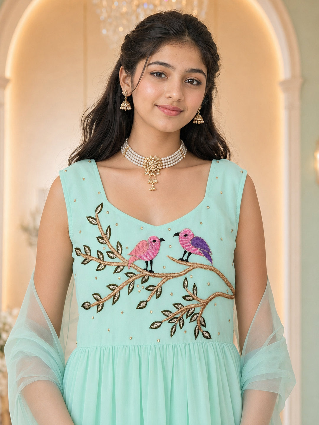 Pspeaches Girls Georgette Sleeveless Square Neck Embroidered Green Kurti & Palazzo With Dupatta 3 Piece Set