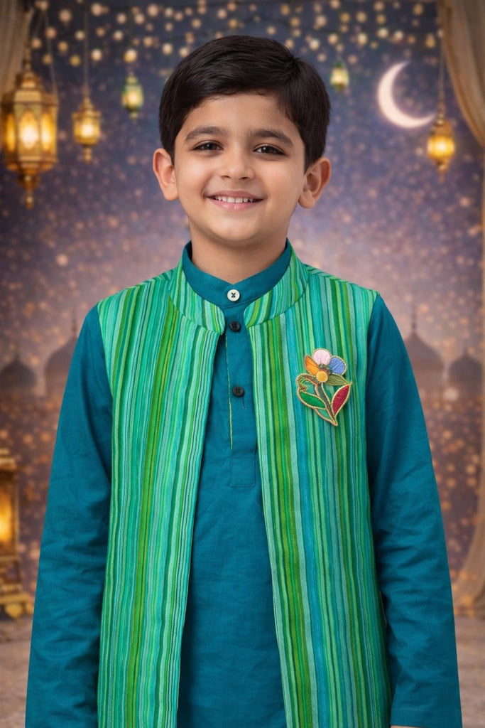 Pspeaches Boys Teal Green Ethnic Solid Cotton Slub Straight Fit Kurta With Pyjama & Jacket ( Sku-Kp-Bluemsulin )