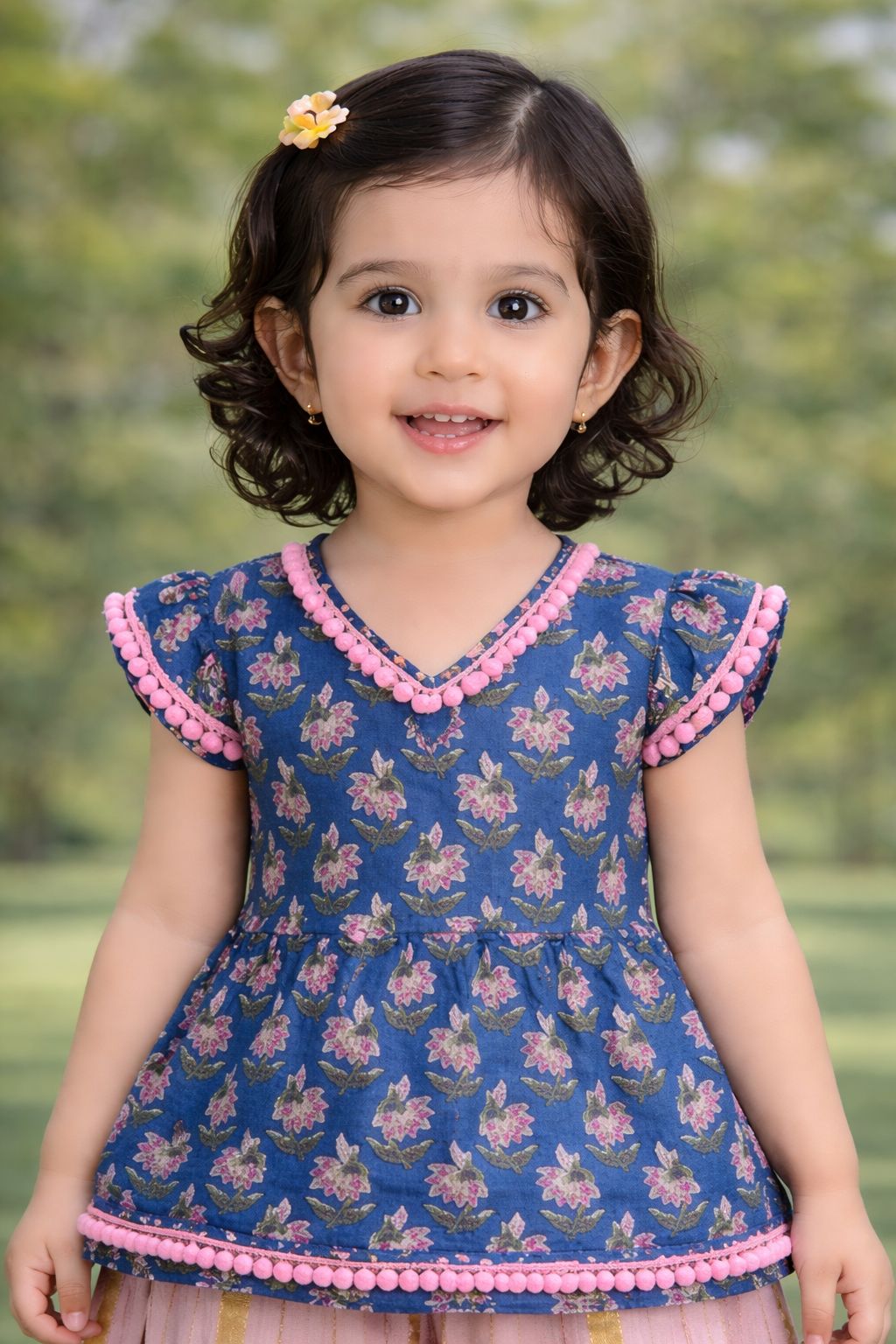 Pspeaches Baby Girls Blue & Pink Ethnic Booti Print Cotton A-Line Kurta With Sharara Set ( Sku-Ing-Bluepink )