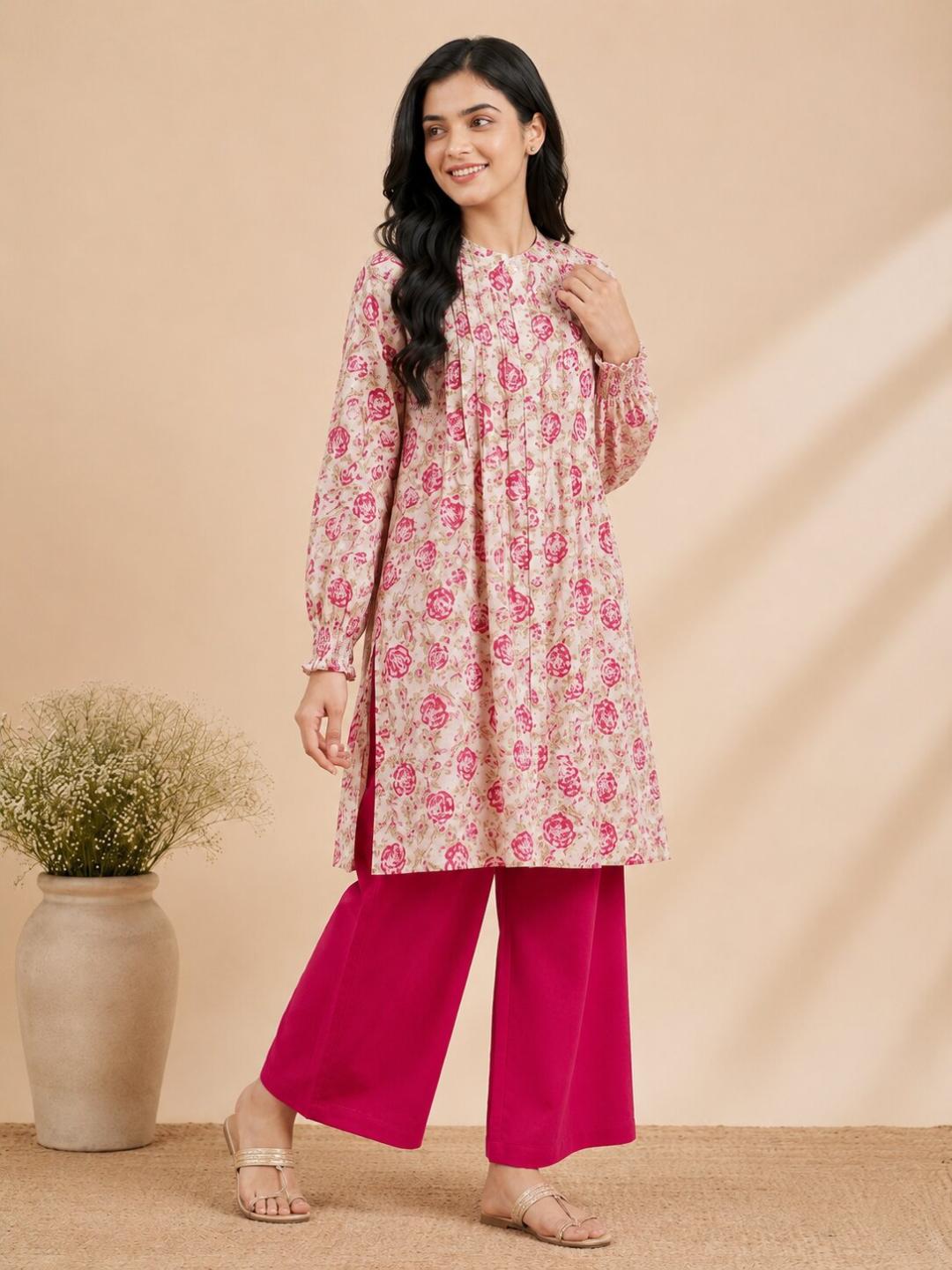 Pspeaches Women Cotton Full Sleeves Mandarin Collar Floral Print Kurta With Pant 2 Piece Set - White & Magenta