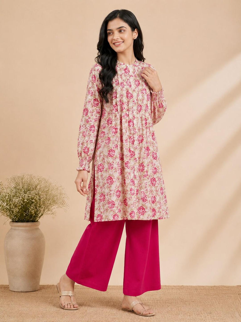 Pspeaches Women Cotton Full Sleeves Mandarin Collar Floral Print Kurta With Pant 2 Piece Set - White & Magenta