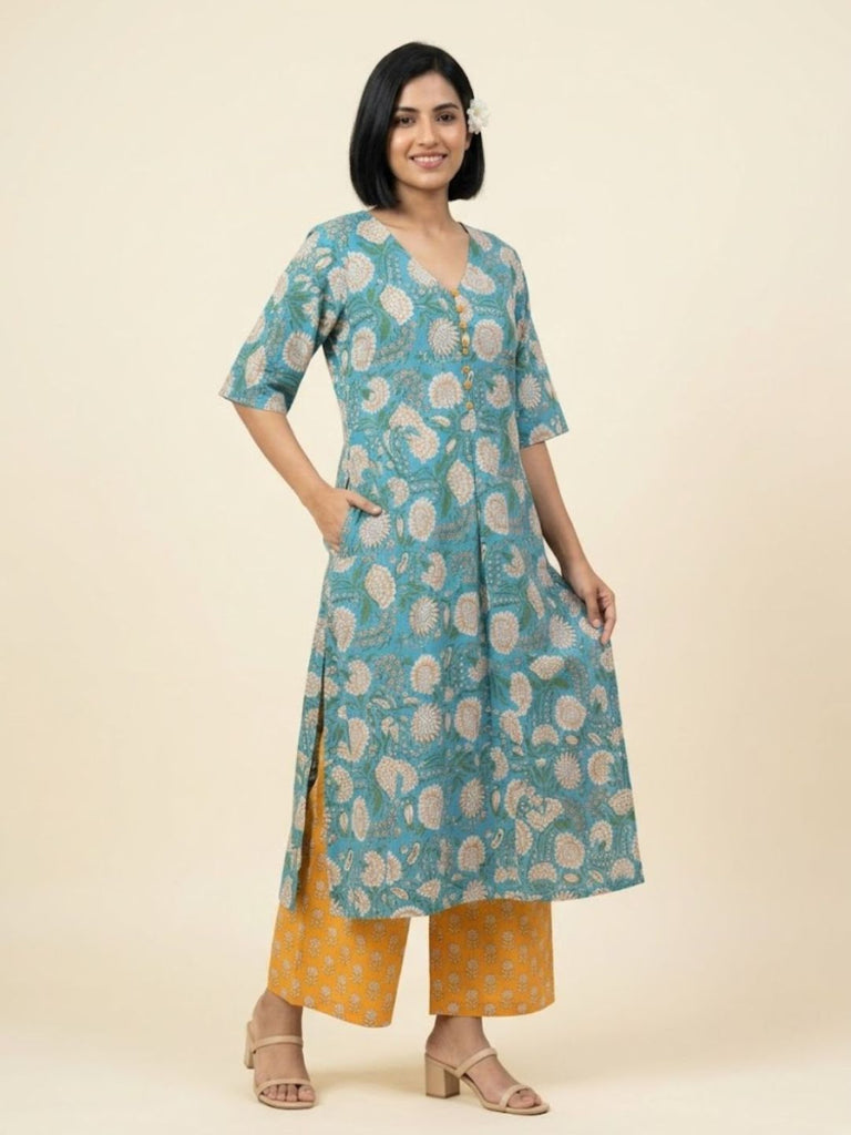 Pspeaches Women Cotton Half Sleeves V-Neck Floral Print Kurta With Pant 2 Piece Set - Blue & Orange