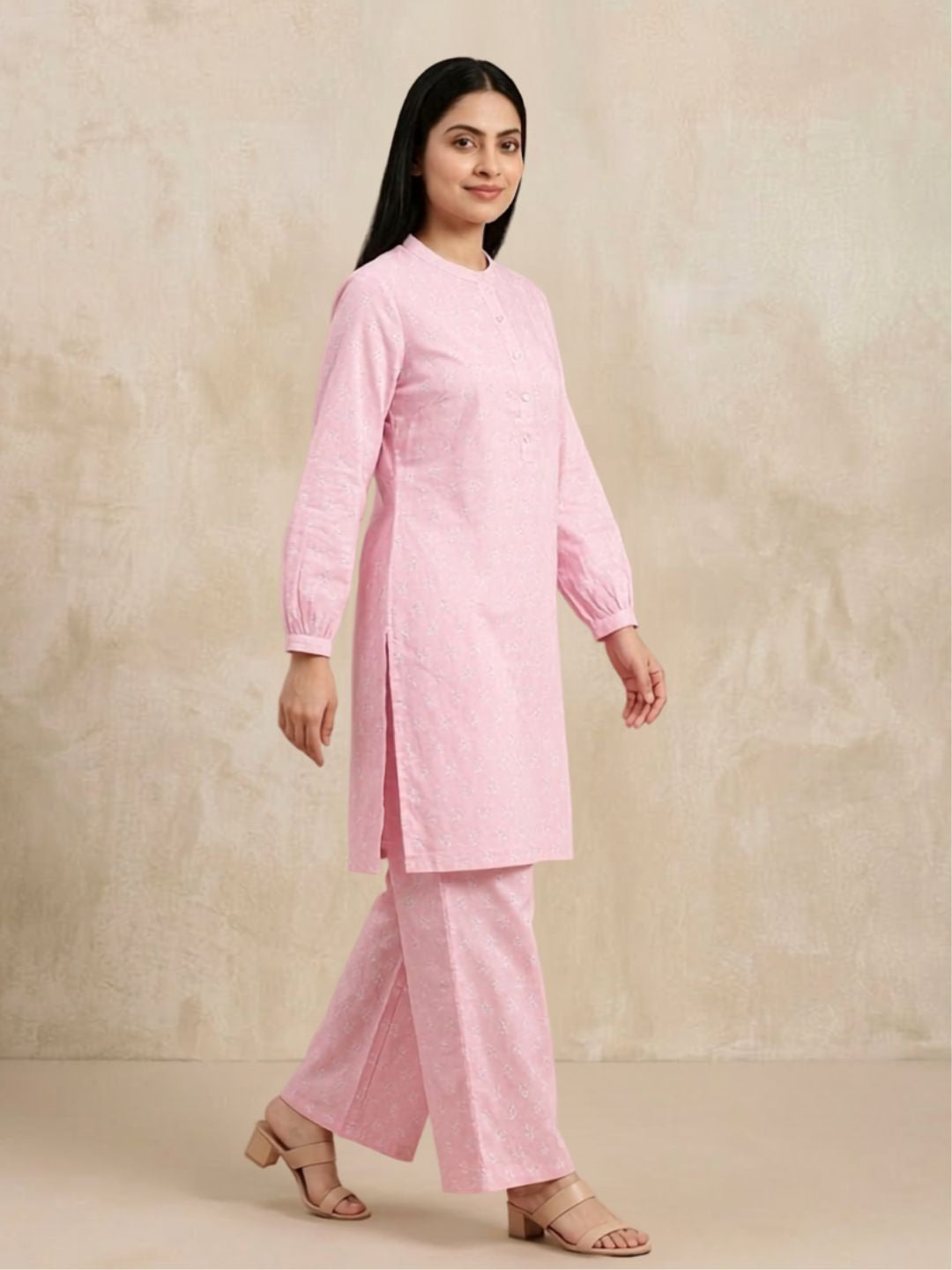 Pspeaches Women Cotton Full Sleeves Mandarin Collar Floral Print Kurta With Pant 2 Piece Set - Pink