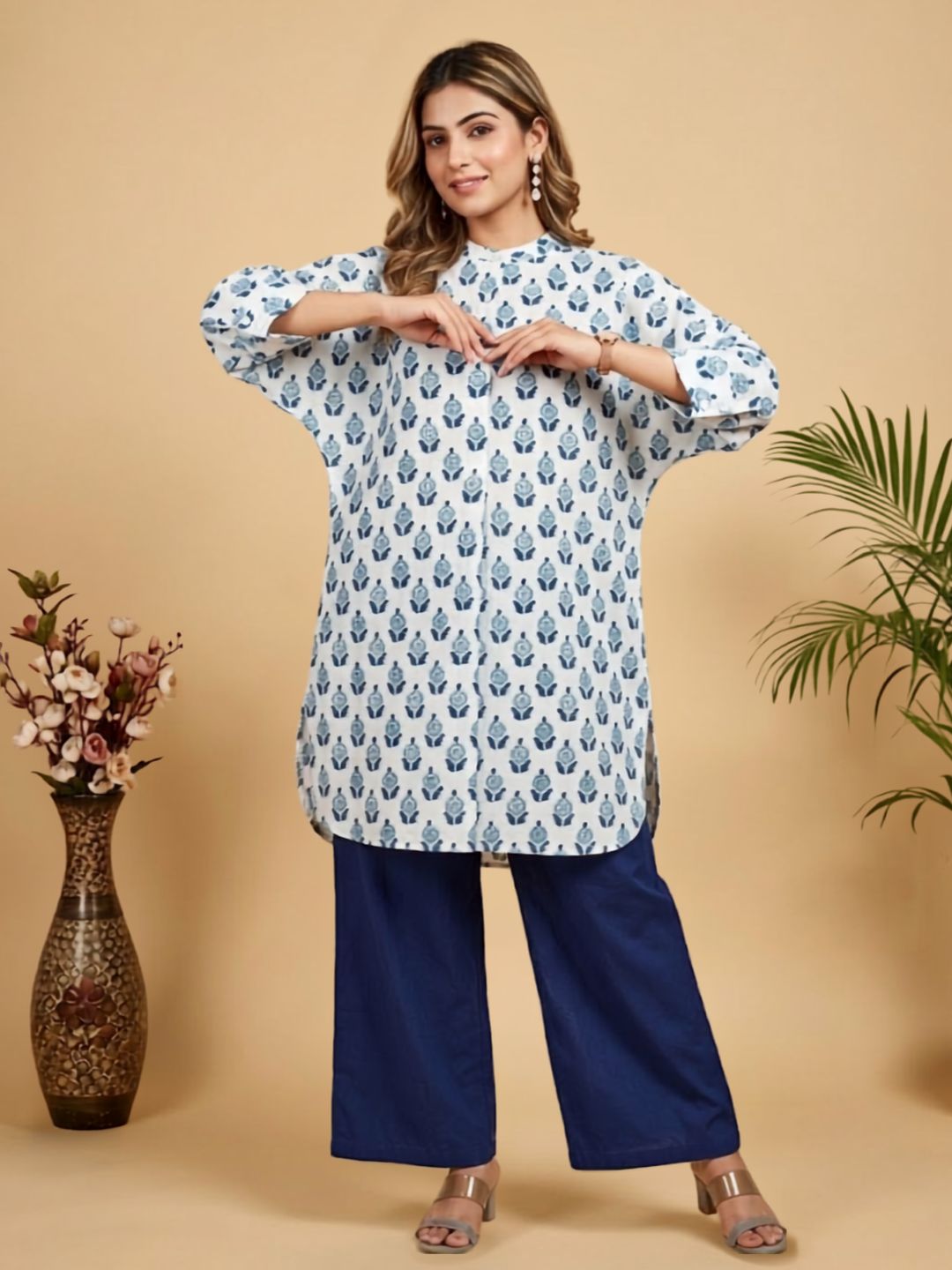 Pspeaches Women Cotton Full Sleeves Mandarin Collar Floral Print Kurta With Pant 2 Piece Set - White & Blue