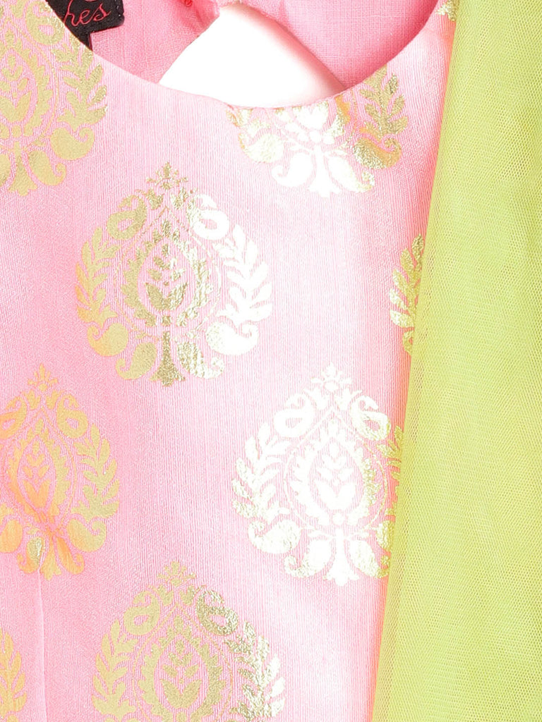 Pspeaches Girls Lime Green Pink Printed Ready To Wear Lehenga Blouse With Dupatta (L-GREEN GOTA)