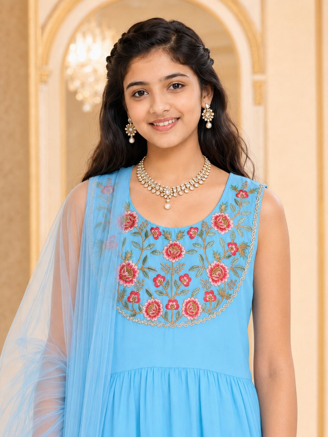 Pspeaches Girls Georgette Sleeveless Round Neck Embroidered Firozi Kurti & Sharara With Dupatta 3 Piece Set