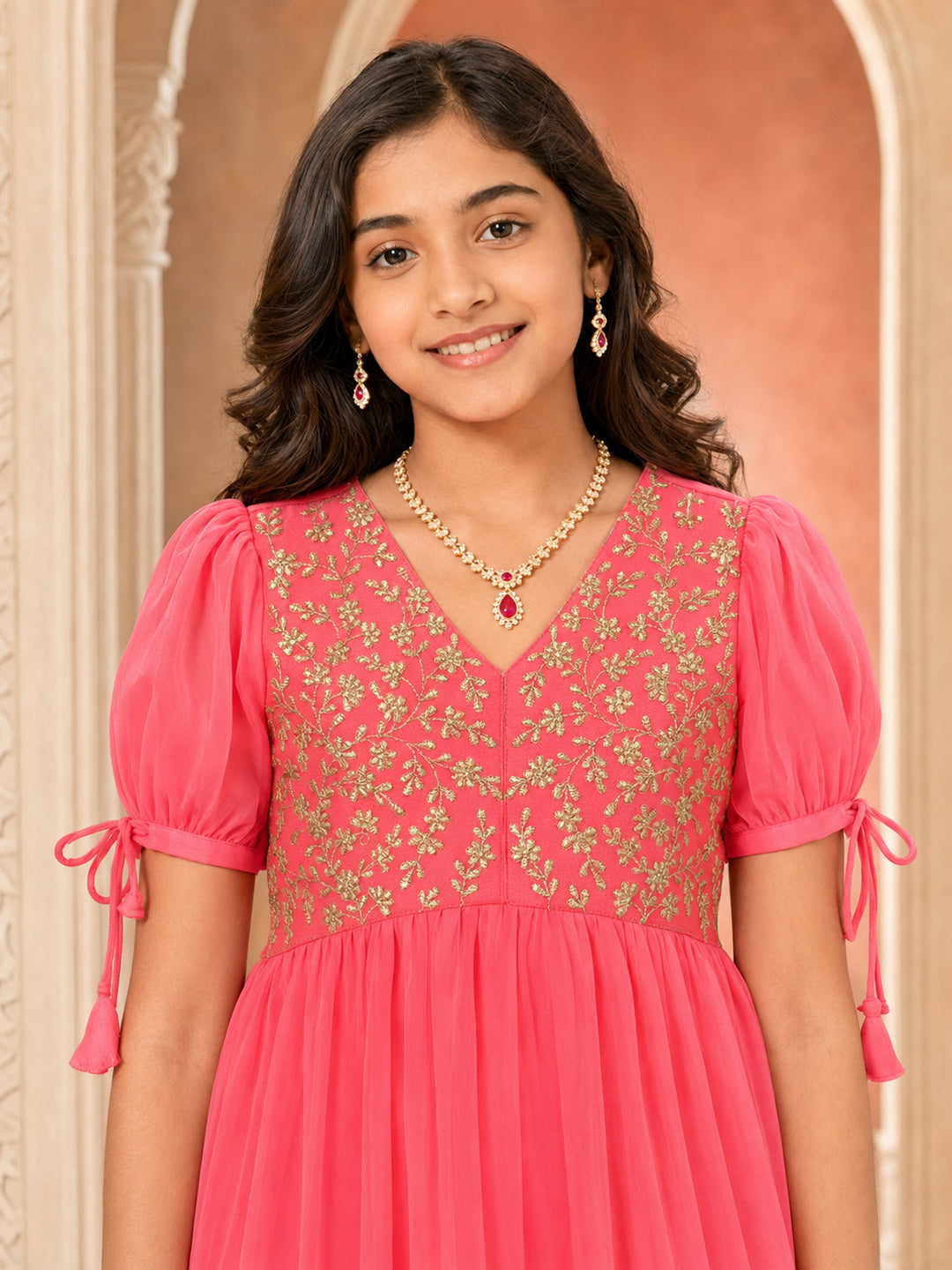 Pspeaches Girls Georgette Half Sleeves V-Neck Embroidered Peach Kurti & Palazzo 2 Piece Set
