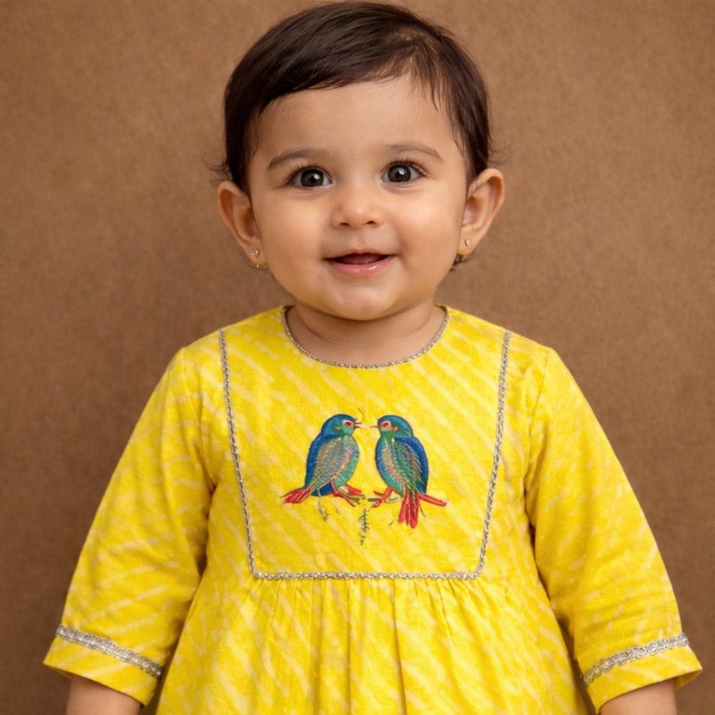 Pspeaches Baby Girls Yellow & White Ethnic Leheriya Print Cotton A-Line Kurta & Pant Set ( Sku-Ing-Yellowleh )