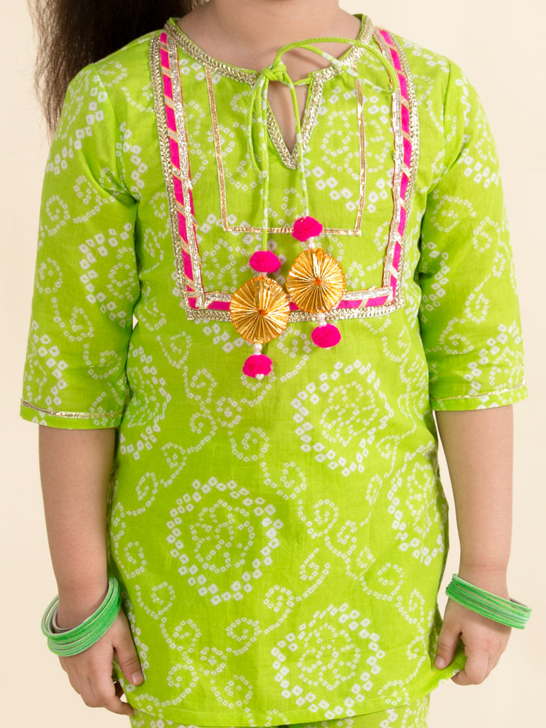 Pspeaches Girls Green Pink Bandhani Embroidered Pure Cotton Kurta With Sharara Dupatta (SHA-GREEN BANDHNI)