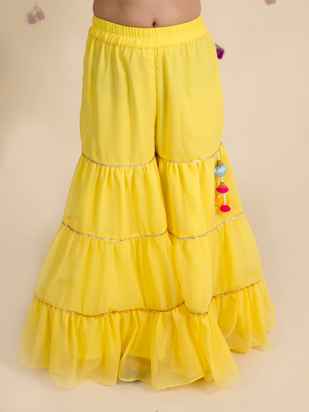 Pspeaches Girls Yellow Embroidered Kurti With Sharara With Dupatta (IW-YELLOW FOIL GGT)