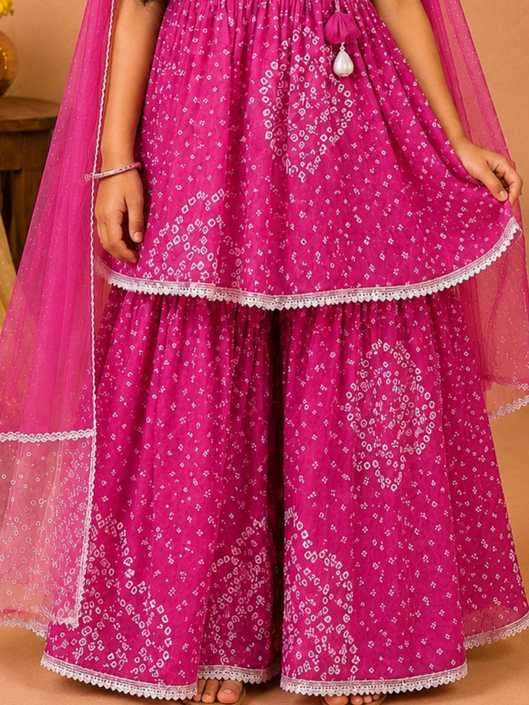 Pspeaches Girls Ethnic Magenta Bandhani Printed Cambric Asymmetric Kurta Sharara Set With Dupatta (Sku-Sha-Magentabandhni)